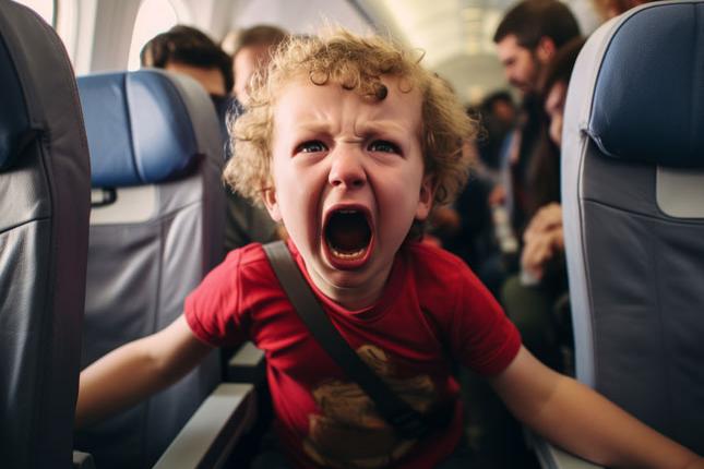 An upset toddler screams on an airplane.
