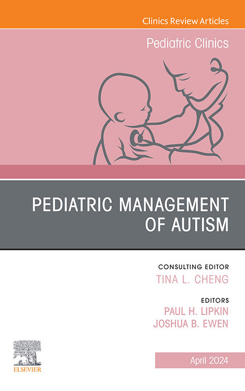 Pediatric Management of Autism research cover. The title is in white font against a gray background, below a black outline of a doctor treating a child against a pink backdrop.