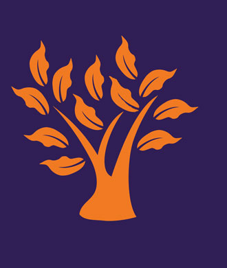 An orange tree against a purple backdrop. 