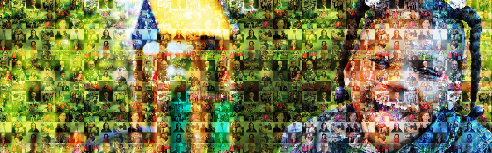 2023 Gratitude Report cover, featuring headshots of donors and Kennedy Krieger staff members that combine to make for a green backdrop. To the right is a photo of a Kennedy Krieger patient.