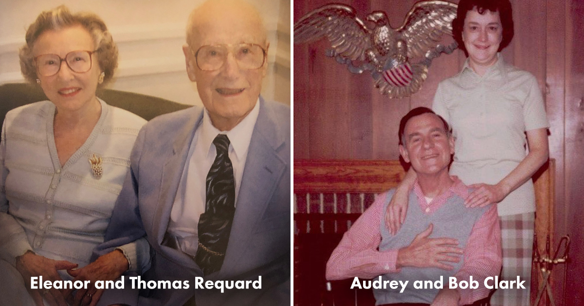 A collage of Eleanor and Thomas Requard (left), and Audrey and Bob Clark (right)