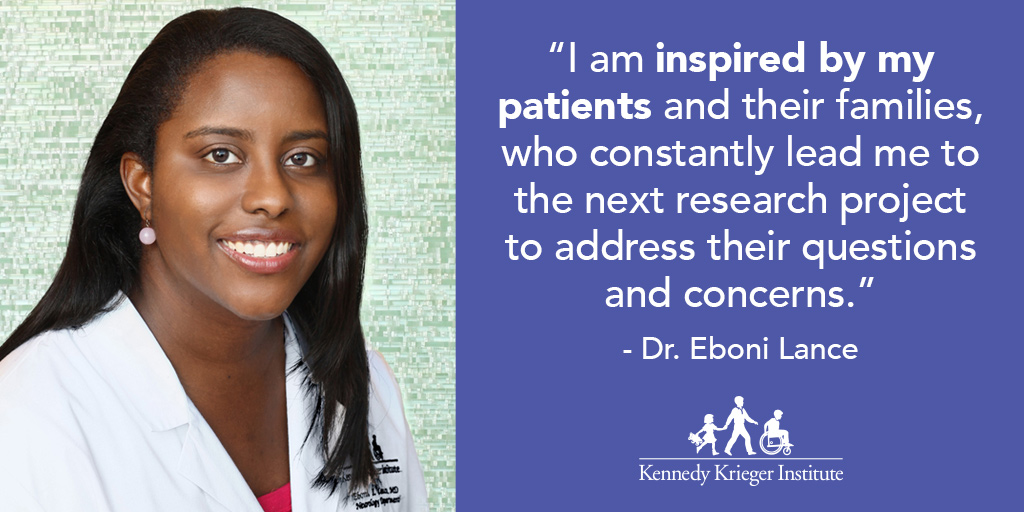 A headshot of Dr. Eboni Lance appears atop a green background. To the right of it, atop a purple background, is a quote: "I am inspired by my patients and their families, who constantly lead me to the next research project to address their questions and concerns."  - Dr. Eboni Lance