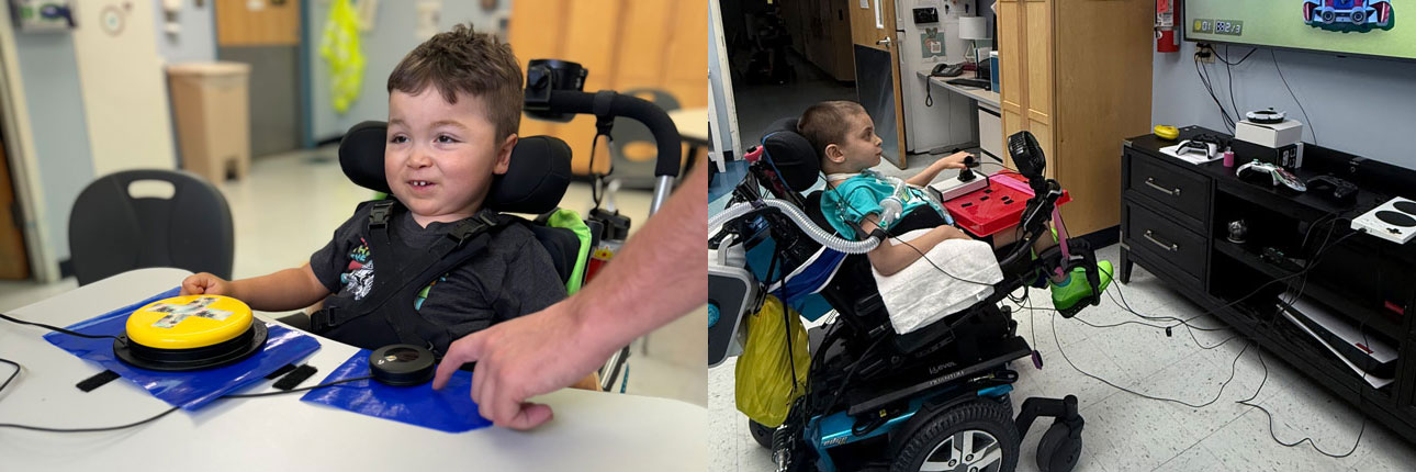 Side-by-side images of children in mobility devices using adaptive gaming equipment.