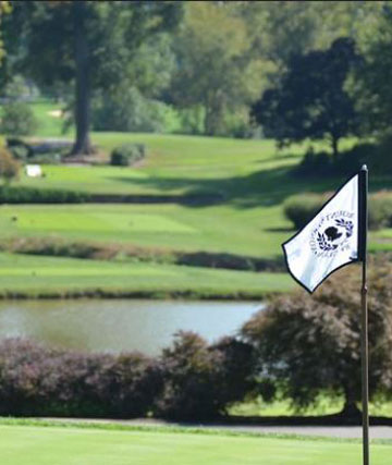 A picture of a hole at a golf course. A black and white flag is sticking out of the hole.