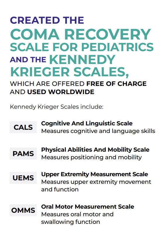 Infographic describing the creation of the Coma Recovery Scale for Pediatrics and the Kennedy Krieger Scales, free and used worldwide, including CALS, PAMS, UEMS, and OMMS assessments.