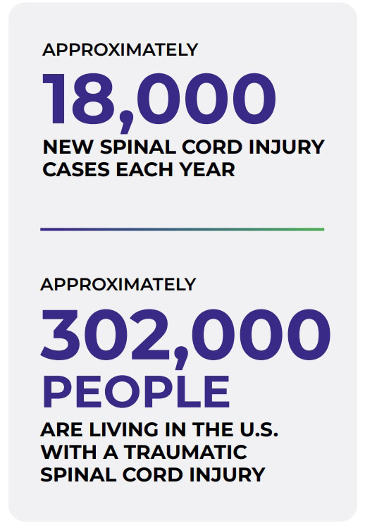 Infographic stating that about 18,000 new spinal cord injury cases occur each year in the U.S., and approximately 302,000 people are living with a traumatic spinal cord injury.