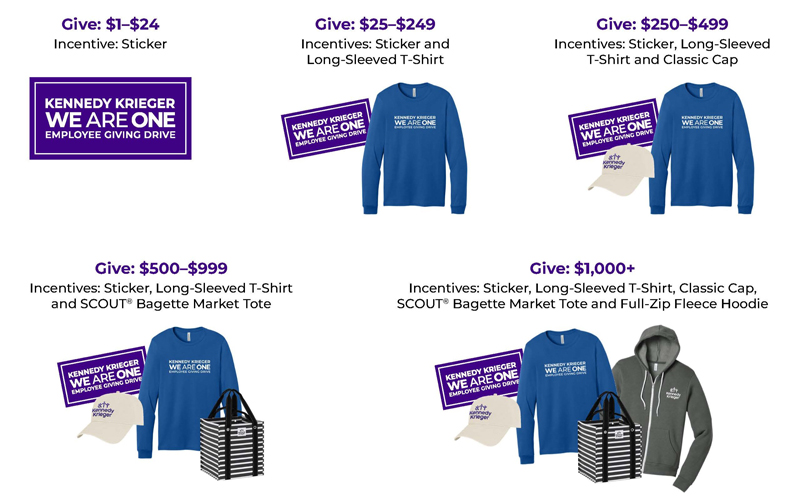 Incentive chart showing donation levels and thank-you gifts: sticker ($1 to $24), sticker and long-sleeve T-shirt ($25 to $249), plus cap ($250 to $499), plus tote bag ($500 to $999), and plus fleece hoodie ($1,000+). 