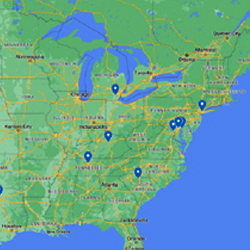 Map with pin-points of the east coast of the US