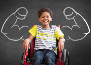 boy in wheelchair with chalk muscles