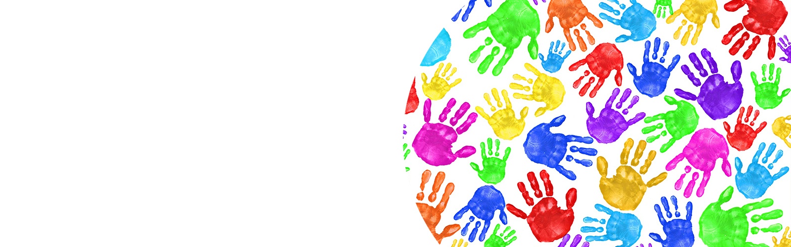 A series of rainbow paint handprints
