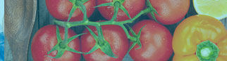 Vegetables on a blue and white checkered table cloth.