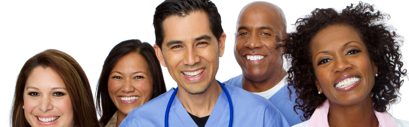 Five doctors of different races and genders, two men and three women, look towards the camera and smile.