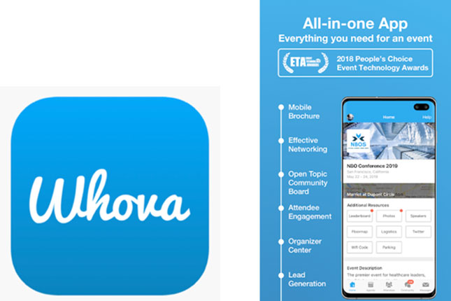 Screen shots of Whova app icon and app store page.