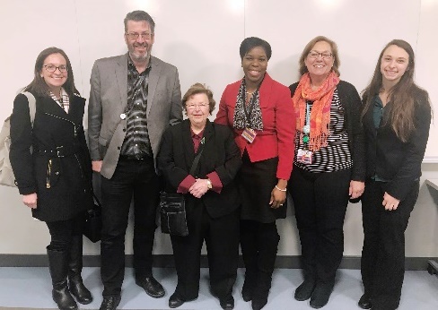 Kayla Benson, Dr. Andrew Zabel, Senator Barbara Mikulski, Dr. Mirian Ofonedu, Jenny Jones and Amber Surveski at the Enoch Pratt Central Library in Baltimore, Maryland