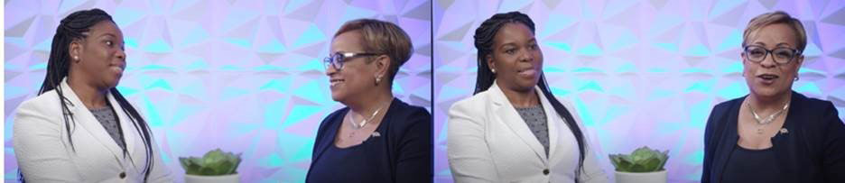 Side-by-side screenshots of Dr. Mirian Ofonedu's interview with Dr. Lora Hargrove. Dr. Ofonedu is seated on the left, while Dr. Hargrove is on the right.