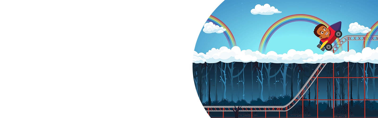The still of an animation showing a boy riding upwards on a roller coaster, with bright skies and a rainbow in the background.