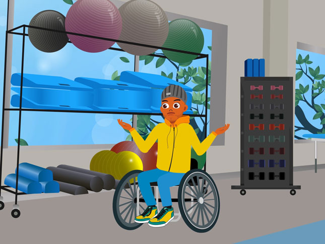 An animated aviator of Chris sits in a wheelchair inside a gym.