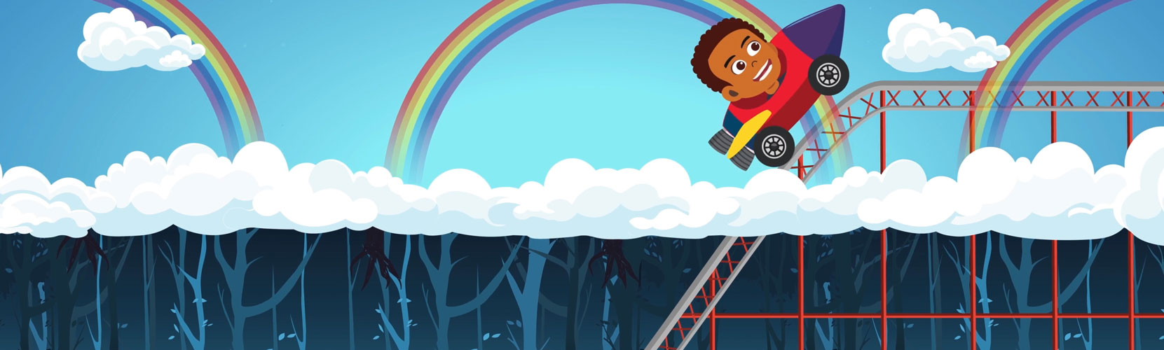 The still of an animation showing a boy riding upwards on a roller coaster. Bright skies and rainbows are visible beyond the roller coaster.