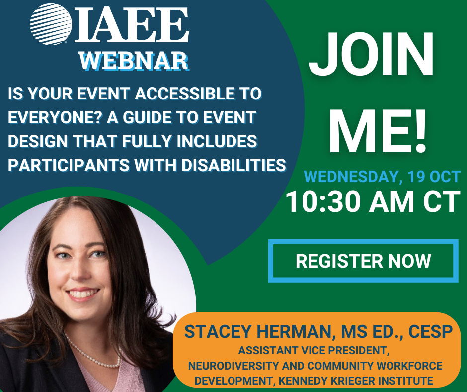 IAEE Webinar promotional graphic. The graphic includes the date, time, event description, and a headshot of Stacey Herman.
