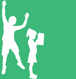 White silhouettes of a boy and girl against a green backdrop.