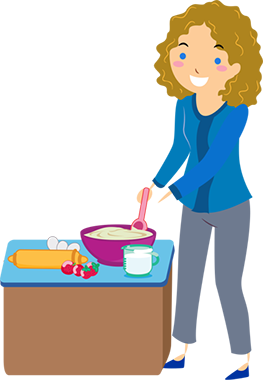 A cartoon of a teacher preparing food on a counter.