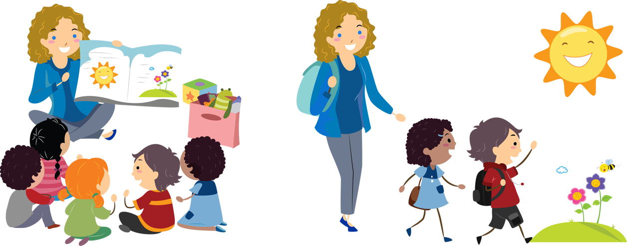 Split cartoons of a teacher reading to her class and leading two kids in a outdoor activity.