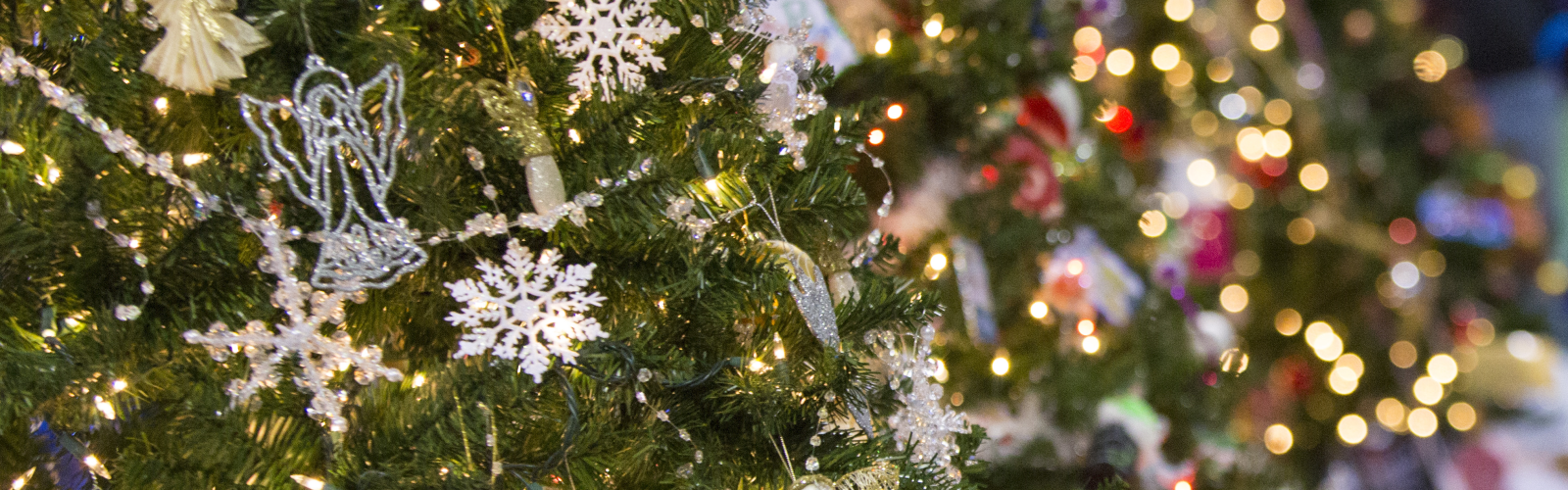 A close-up photo of a decorated holiday tree.