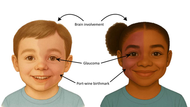 Illustrations of the faces of a boy and girl side by side against a white background. Between the two faces are arrows pointing to the areas of each child that show Brain Involvement, Glaucoma and Port-wine birthmark.