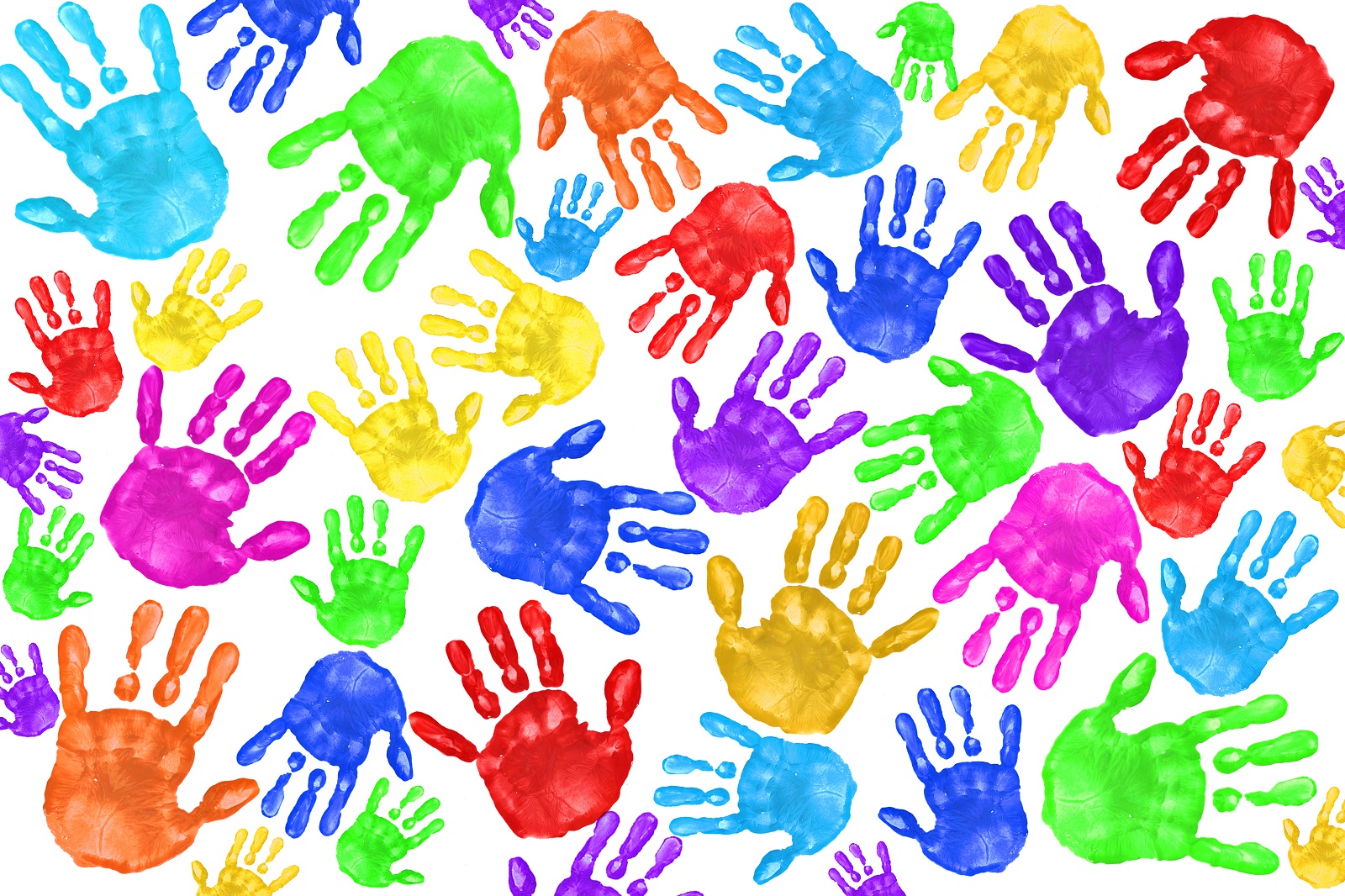 A series of rainbow paint handprints.