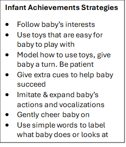 Infant Achievements Strategies. Follow baby's interests. Use toys that are easy for baby to play with. Model how to use toys, give baby a turn. Be patient. Give extra cues to help baby succeed. Imitate and expand baby's actions and vocalizations. Gently cheer baby on. Use simple words to label what baby does or looks at.