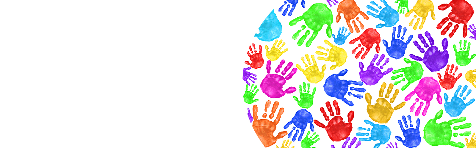 A series of rainbow paint handprints.