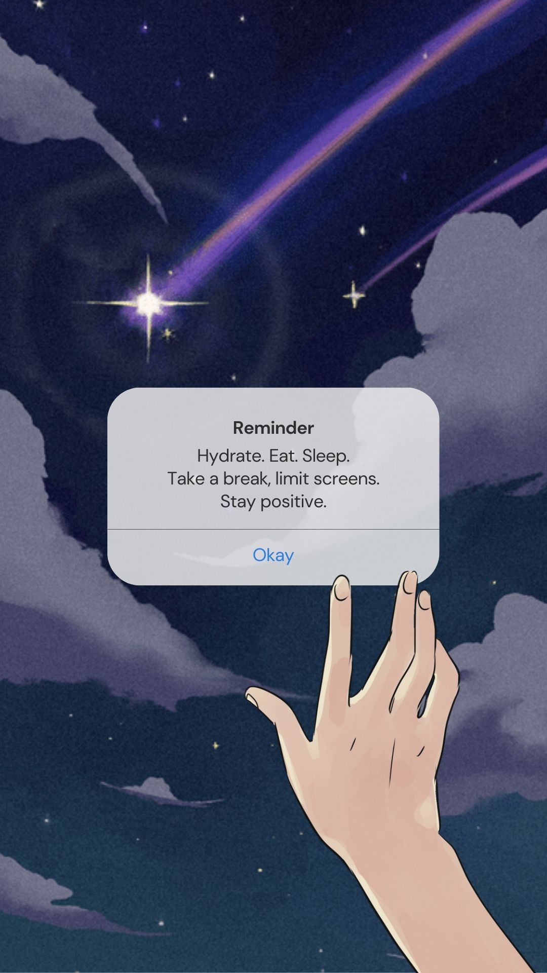 A hand taps a smartphone notification that appears against a light colored galaxy backdrop. The notification reads  Hydrate. Eat. Sleep. Take a break, limit screens. Stay positive.
