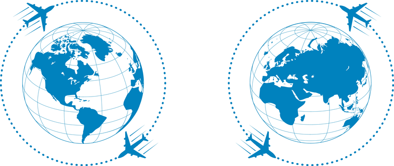 Side by side images of two blue planes flying around the globe. The globes are white with countries colored in blue.