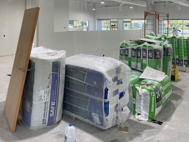 Wrapped construction materials are piled inside the under construction International Center for Spinal Cord Injury location in White Marsh.