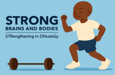 Illustration with the text, STRONG: Brains and Bodies – STRengthening in ONcoloGy, showing a person exercising beside a barbell on a blue background.