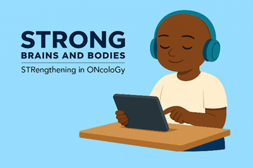 Illustration with the text STRONG: Brains and Bodies – STRengthening in ONcoloGy, showing a person wearing headphones and using a tablet while seated at a desk against a blue background.