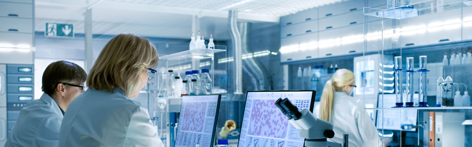 Male and female researchers working in a research lab.