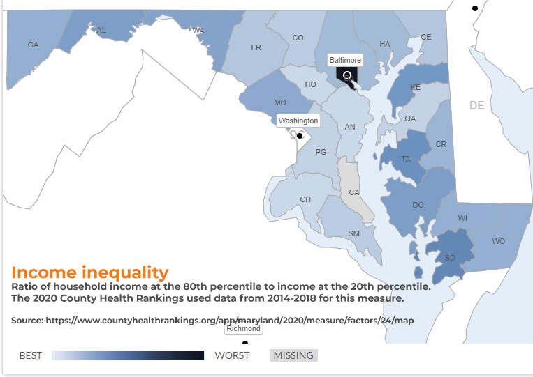 Income inequality in Maryland. Source: County Health Rankings & Roadmaps