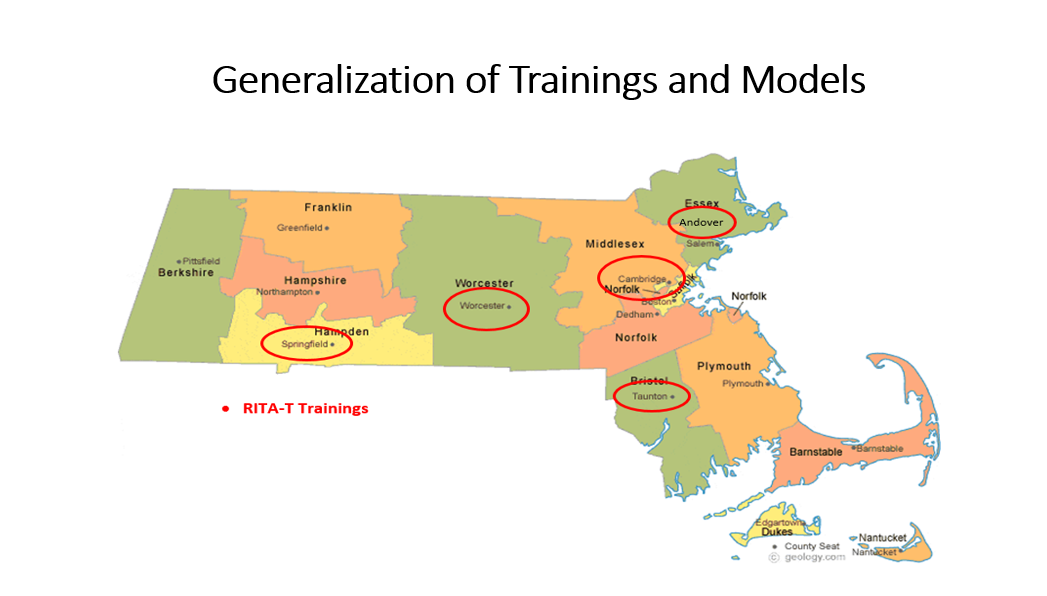 Generalization of Trainings and Models. Pictured is a map of Massachusetts with RITA-T training sites highlighted in red circles.