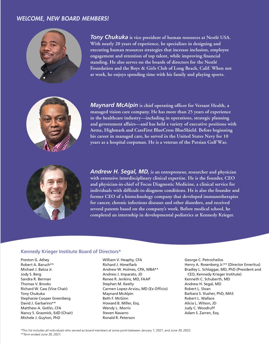 A graphic featuring Kennedy Krieger's three new board members, from top to bottom: Tony Chukuka, Maynard McAlpin, and Andrew H. Segal MD