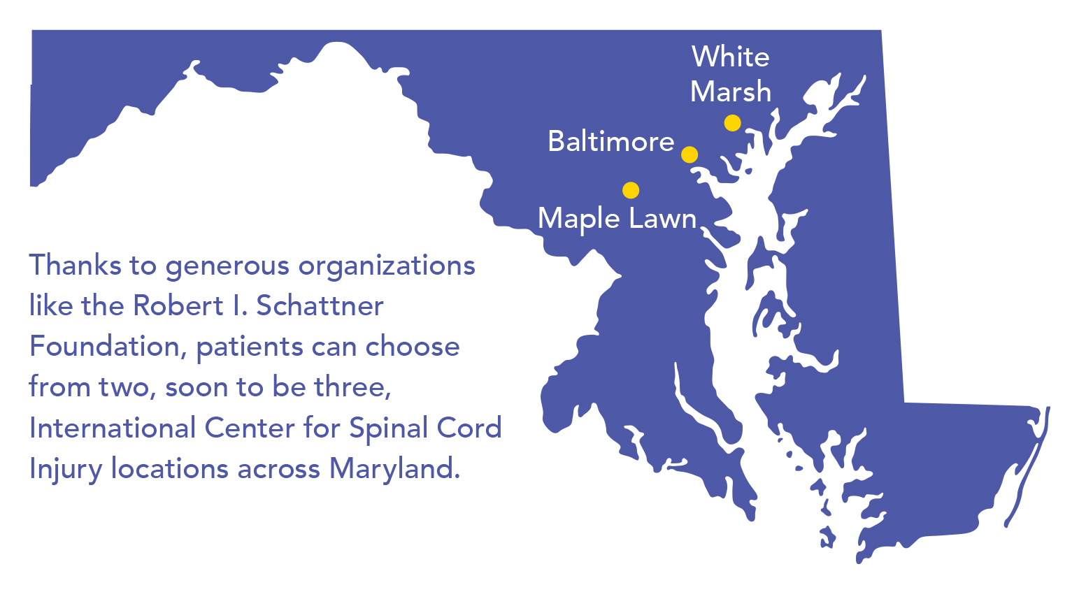 A map of Maryland, showing the locations of Baltimore, White Marsh and Maple Lawn. White Marsh and Maple Lawn are nearly equidistant from Baltimore. White Marsh, to the northeast of Baltimmore, is just a little farther away from Baltimore than is Maple Lawn, to the southeast of the city. All three locations are in the central part of the state.