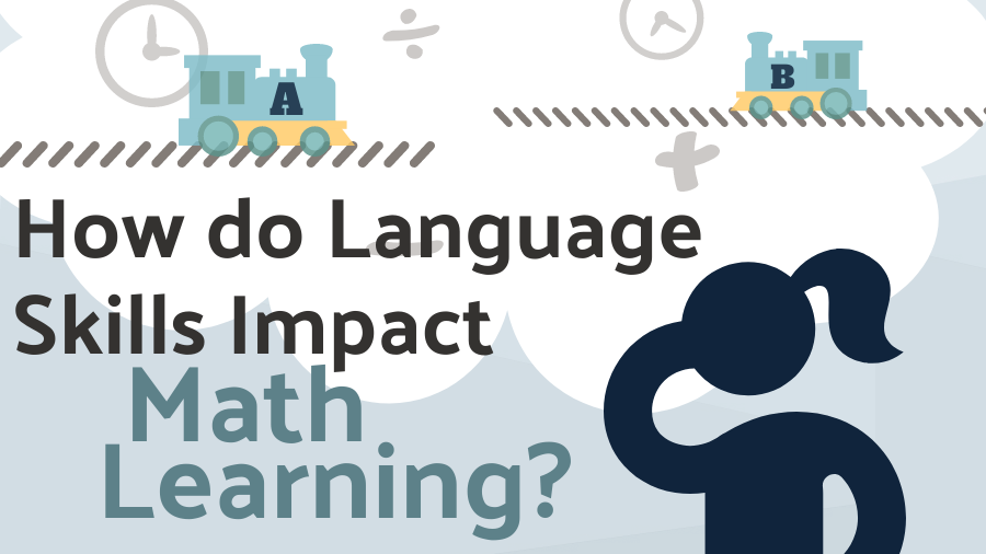 The words "How do Language Skills Impact Math Learning?" appear before a graphic of two trains and a young female student thinking