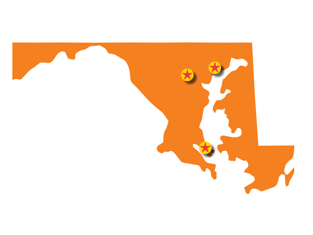 A map of Maryland with three stars: one in the southern part of the state, and two in the central part of the state, one near Baltimore and the other a little to the left of the Baltimore-area star.