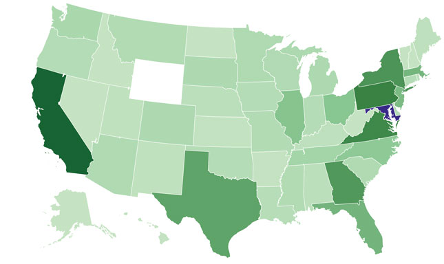 A map of the United States showing where Kennedy Krieger alumni members are working today.