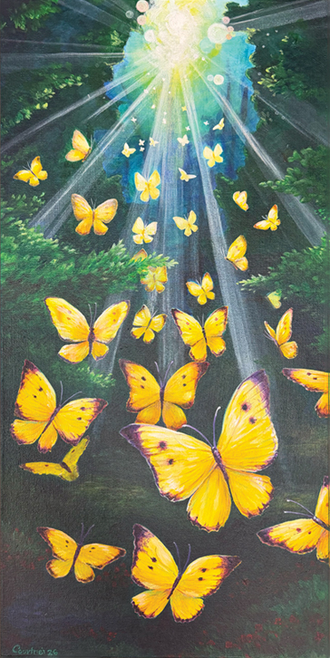 Artwork depicting yellow butterflies.