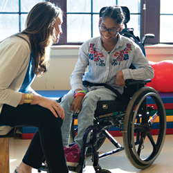 Kristine Mauldin checks in with Channel, a Kennedy Krieger patient.