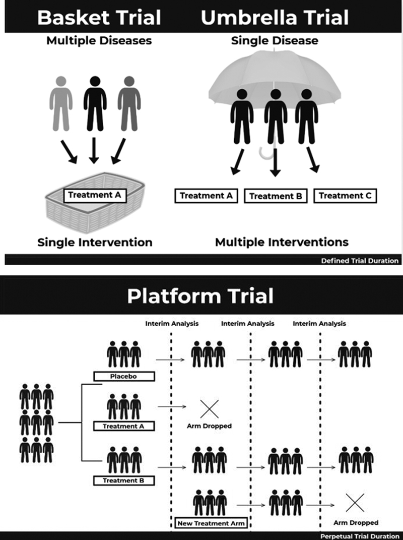 Infographic comparing three clinical trial designs: basket trials test one treatment across multiple diseases, umbrella trials test multiple treatments within a single disease, and platform trials continuously evaluate multiple treatment arms over time, adding or dropping treatments based on interim analyses.