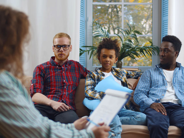 A male gay couple and their foster son speak with a social worker at home.