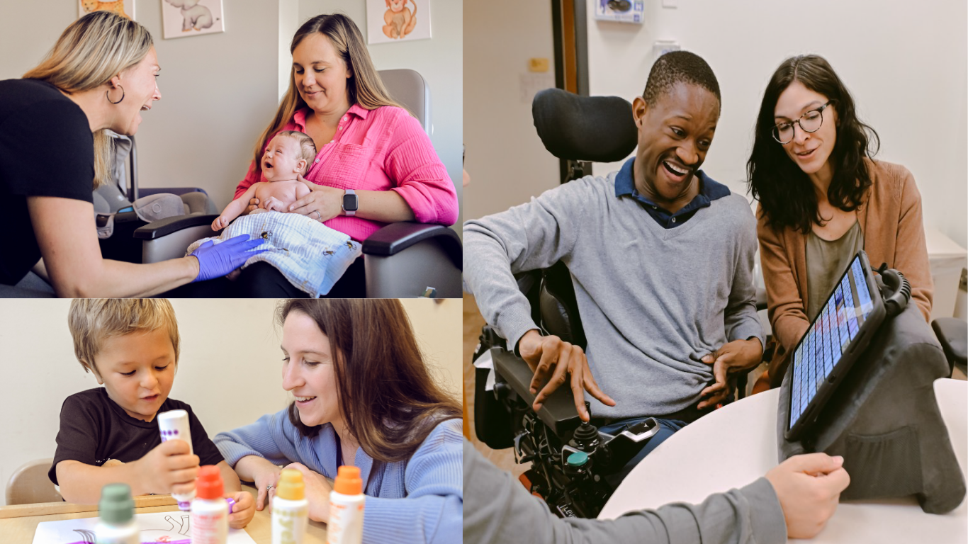 Collage of three photos showing SLPs working with patients of various centers and clinics at Kennedy Krieger Institute.