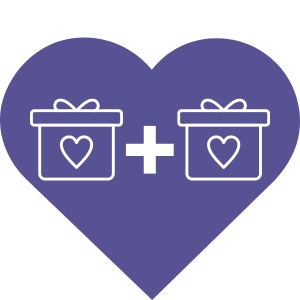 A purple heart with a pair of white outlined boxes. Both boxes include purple hearts. A solid white plus sign sits between the two boxes.